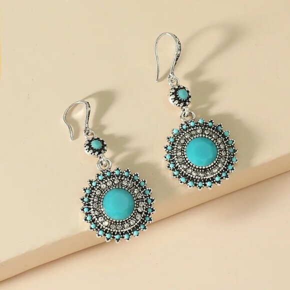 2/$24 Vintage-Inspired Turquoise & Silver Tone Sunburst Dangle Earrings - Picture 4 of 7